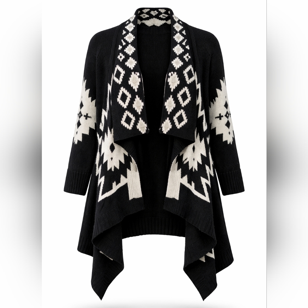 Aztec Cardigan Southwestern Open Front Waterfall Drape Cozy Knit Large X-Large - Picture 13 of 14